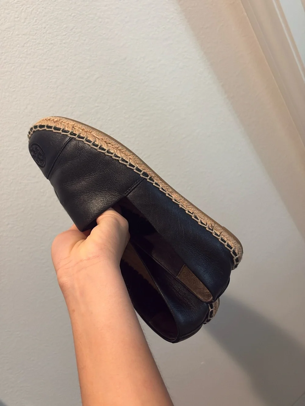 Tory Burch Black Leather Espadrille Slip-Ons with Logo